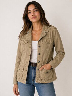 DKNY Jeans Utility Jacket Tan Cotton Military Style Button Front Women XL